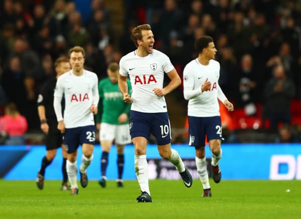 LONDON, ENGLAND - NOVEMBER 25:  Harry Kane of Tottenham Hotspur celebrates scoring his sides first goal during the Premier League match between Tottenham Hotspur and West Bromwich Albion at Wembley Stadium on November 25, 2017 in London, England.  (Photo by Clive Rose/Getty Images)