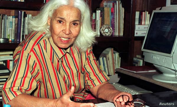 Egyptian writer Nawal el-Saadawi during an interview with Reuters in Cairo May 23, 2001. Saadawi, possibly the most outspoken woman in the Arab world and the Arab woman writer best known abroad, has never been shy of expressing her feminist opinions. Her writings against oppression of Arab women by ancient traditions, including her very personal account of the pain of female circumcision, touched a chord with many women.