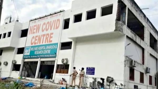 A sign reading "New Covid Centre, Welfare Hospital Bharuch & Research Centre" is seen at a the hospital, which was treating coronavirus disease (COVID-19) patients, after a deadly fire, in India's western Gujarat state, May 1, 2021, in this still image obtained from video. ANI/ Reuters TV via REUTERS ATTENTION EDITOS - THIS IMAGE WAS PROVIDED BY A THIRD PARTY. NO RESALES. NO ARCHIVE. INDIA OUT. NO COMMERCIAL OR EDITORIAL SALES IN INDIA. Broadcasters: NO USE INDIA Digital: NO USE INDIA. For Reuters customers only.