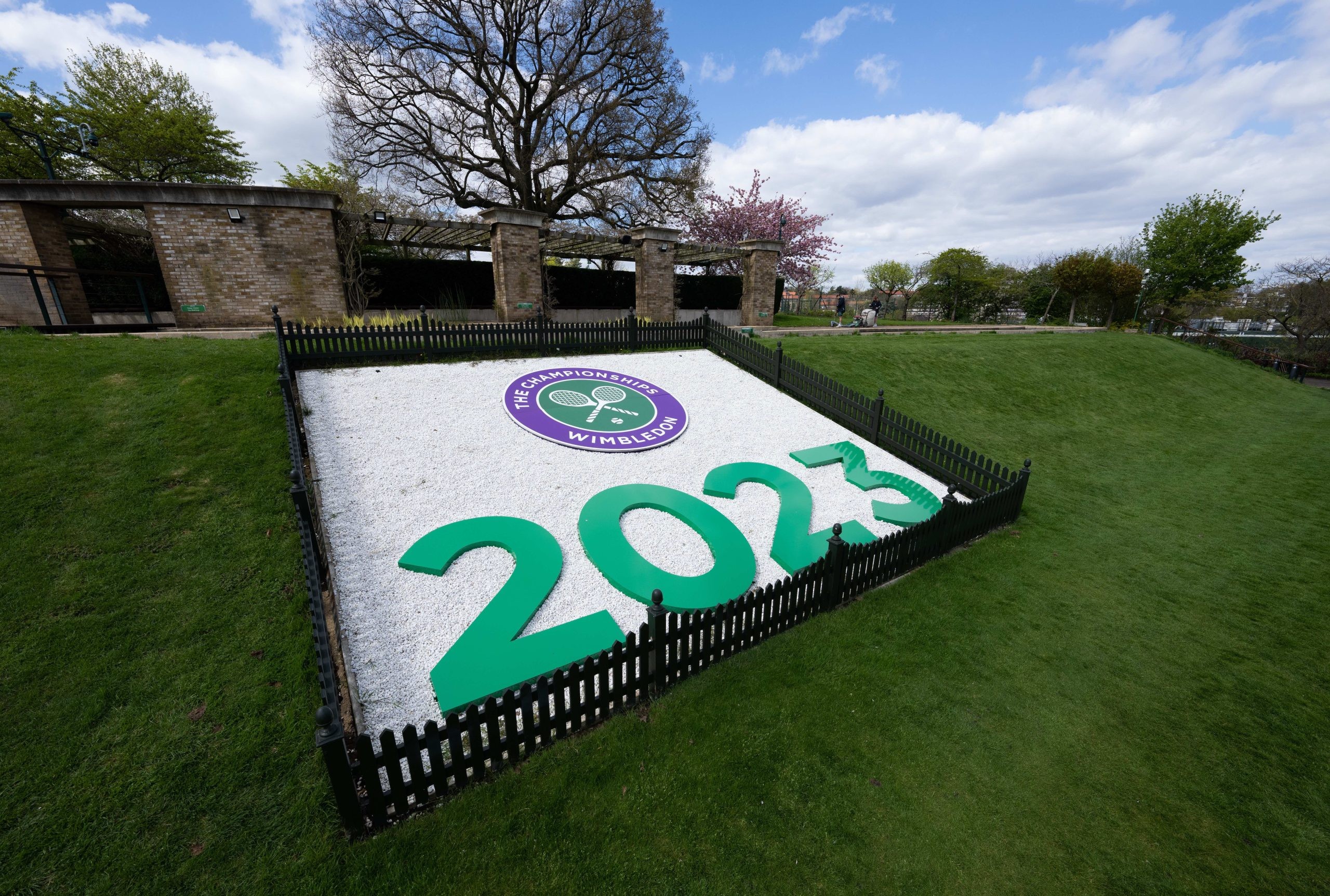 The 2023 sign with The Championships logo on the Hill, ready for this year's tournament. At The All England Lawn Tennis Club, Wimbledon. Tuesday 25/04/2023. Credit: AELTC/Thomas Lovelock.